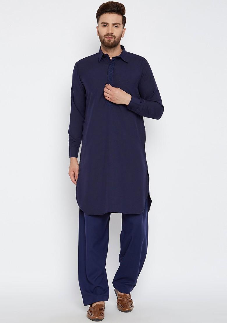 Navy Blue Solid Poly Blend Kurta Set For Men