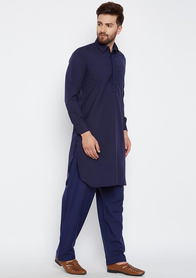 Navy Blue Solid Poly Blend Kurta Set For Men