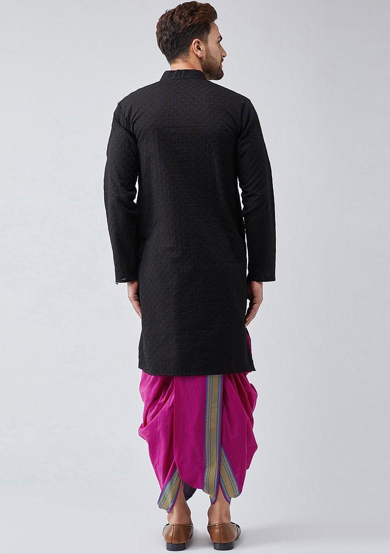 Black Solid Poly Blend Kurta Set For Men