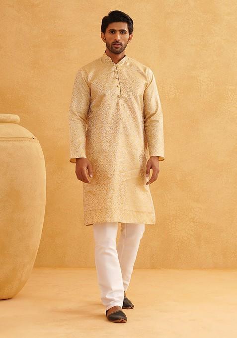 Gold Solid Poly Blend Kurta Set For Men