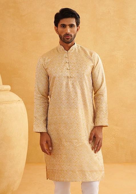 Gold Solid Poly Blend Kurta Set For Men