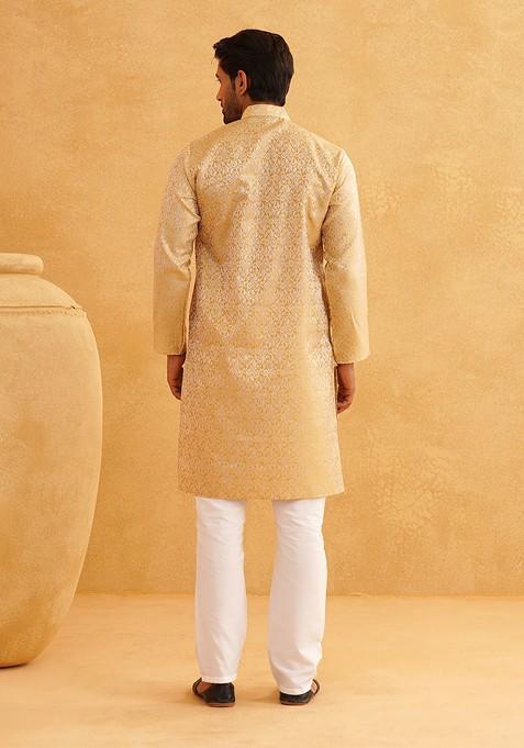 Gold Solid Poly Blend Kurta Set For Men