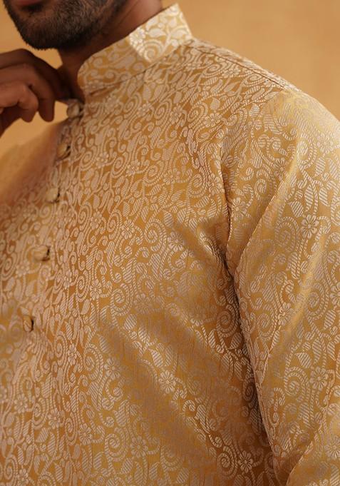 Gold Solid Poly Blend Kurta Set For Men