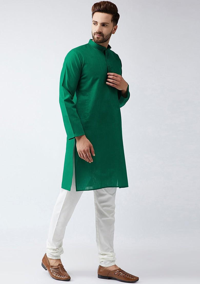 Green Solid Poly Blend Kurta Set For Men