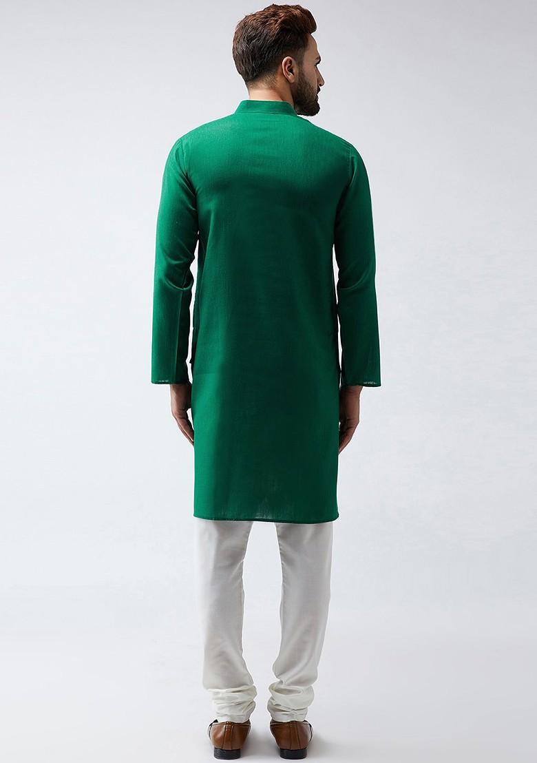 Green Solid Poly Blend Kurta Set For Men