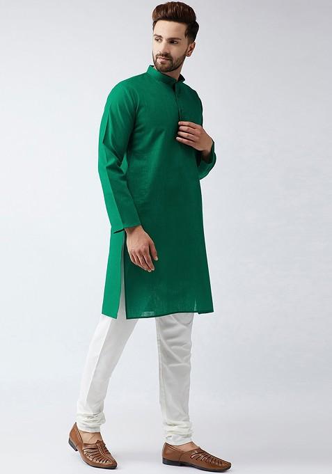 Green Solid Poly Blend Kurta Set For Men