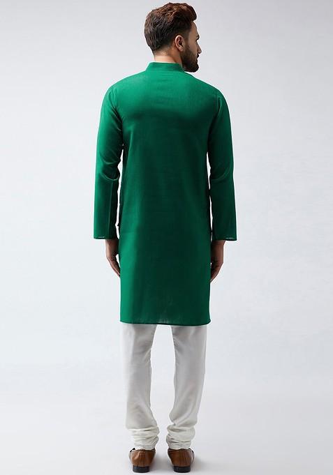 Green Solid Poly Blend Kurta Set For Men