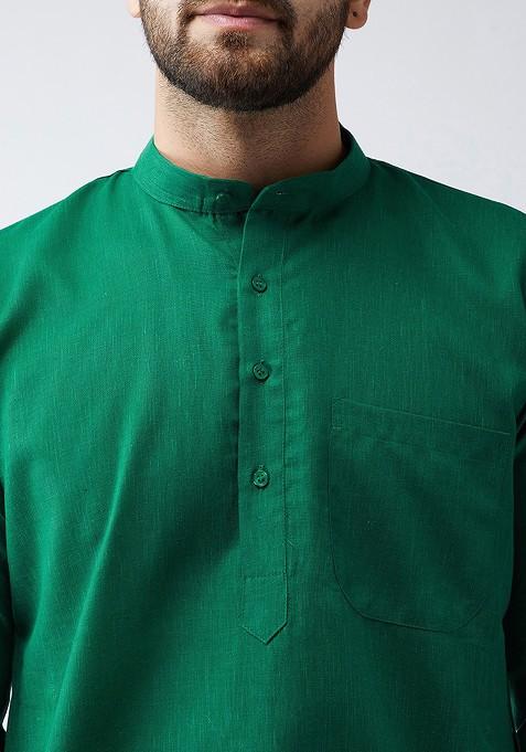 Green Solid Poly Blend Kurta Set For Men