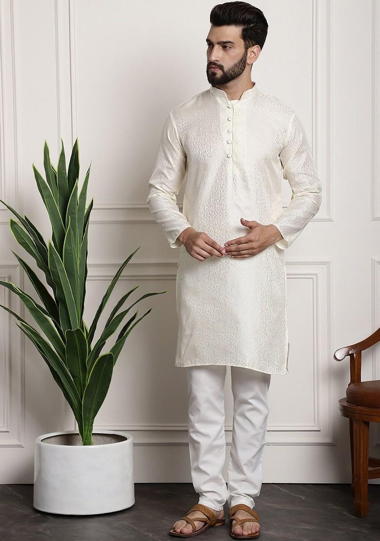 Cream Solid Poly Blend Kurta Set For Men