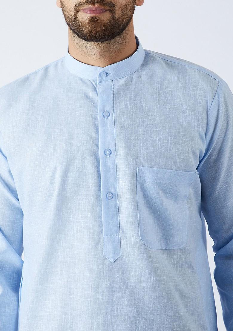 Blue Solid Poly Blend Kurta Set For Men