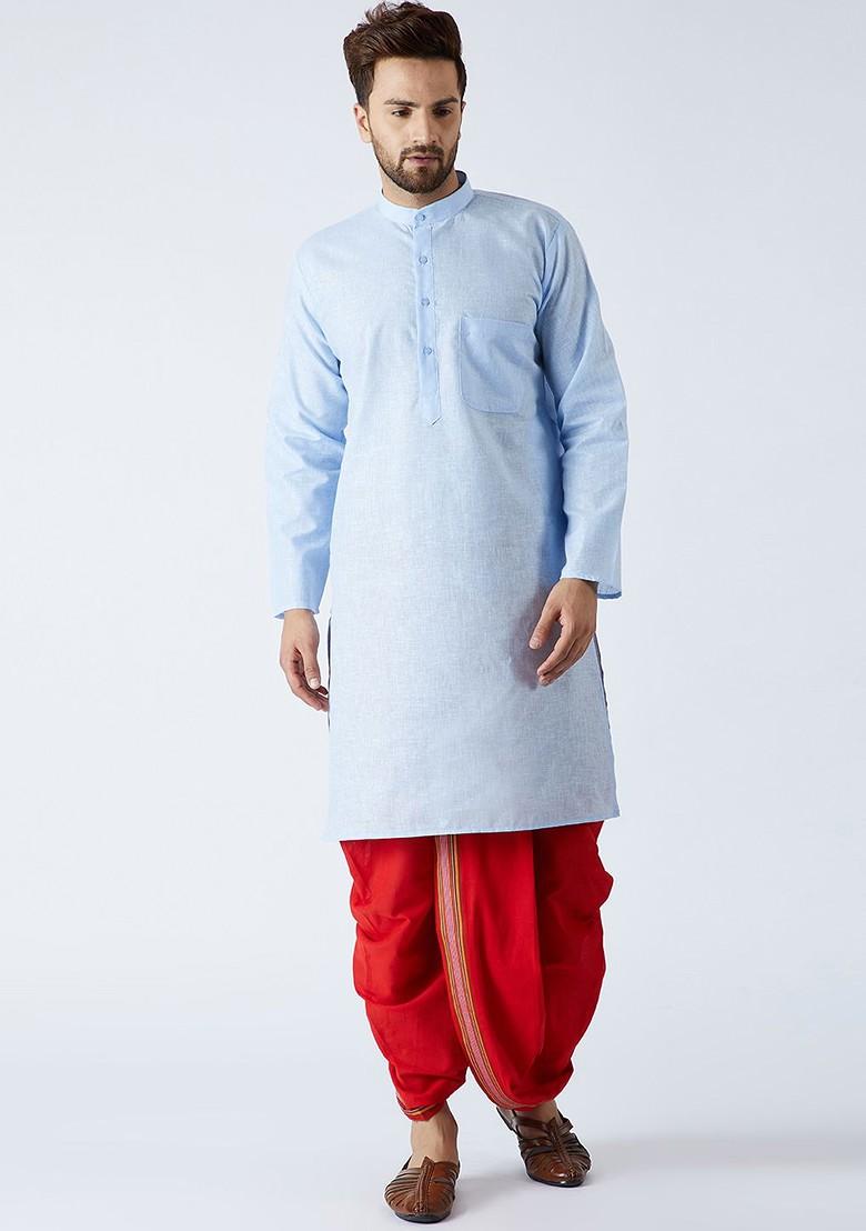 Blue Solid Poly Blend Kurta Set For Men