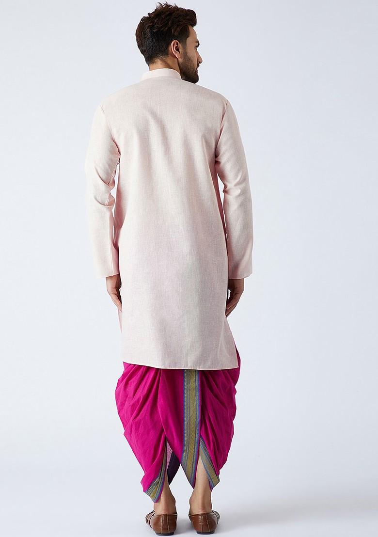 Peach Solid Poly Blend Kurta Set For Men