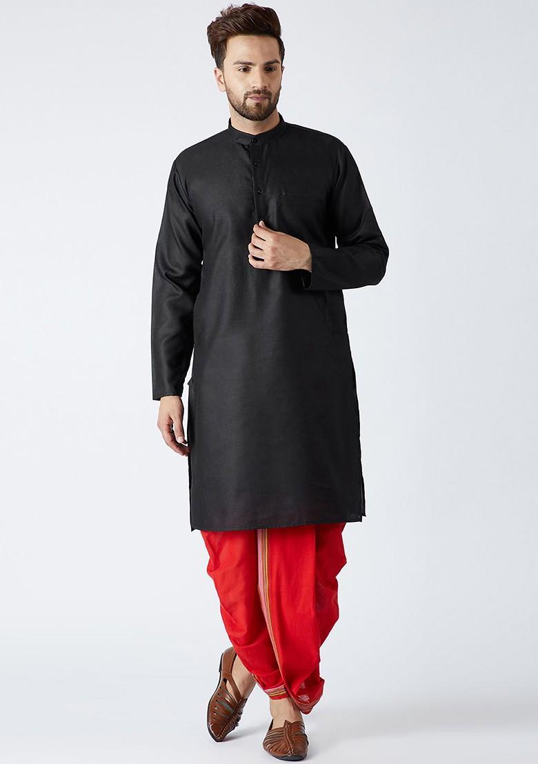 Black Solid Poly Blend Kurta Set For Men