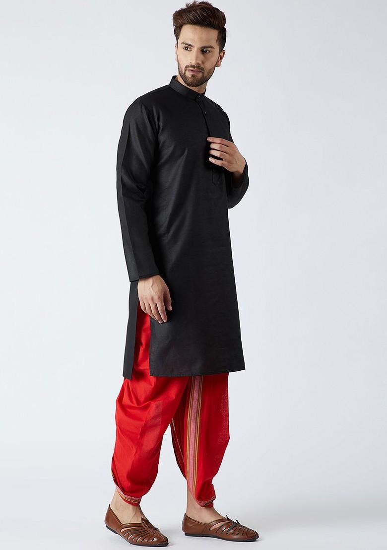 Black Solid Poly Blend Kurta Set For Men