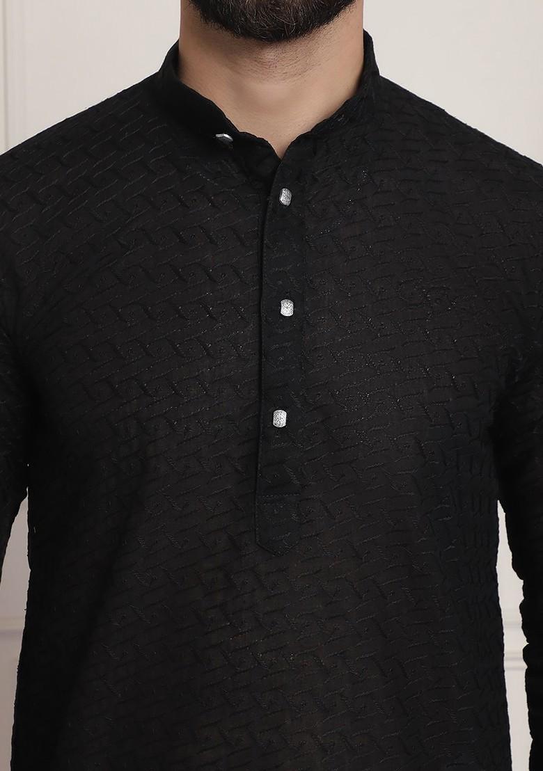 Black Solid Poly Blend Kurta Set For Men