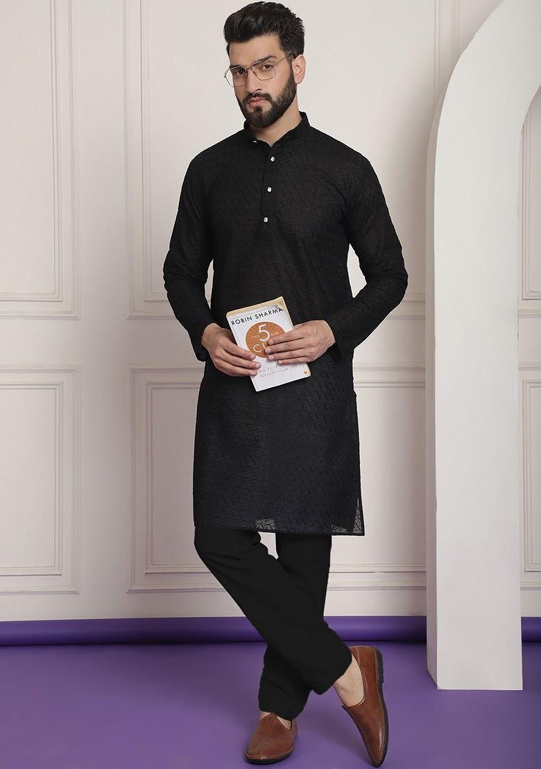 Black Solid Poly Blend Kurta Set For Men