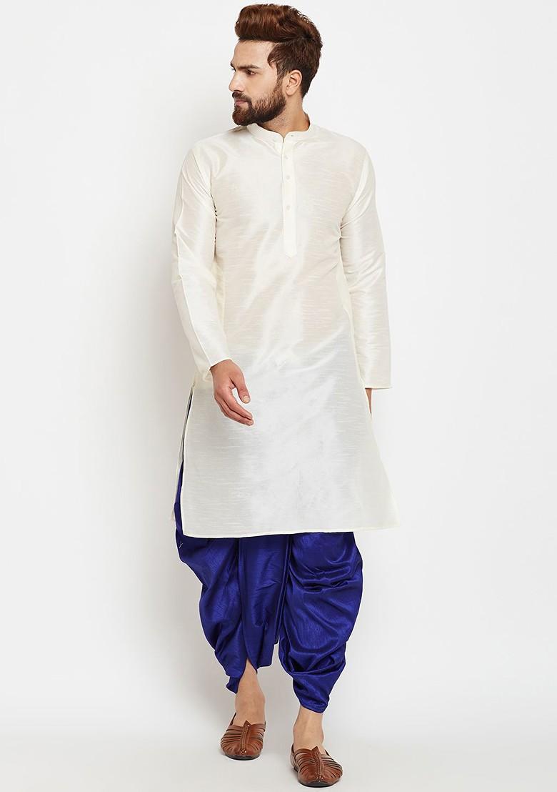 Off White Solid Poly Blend Kurta Set For Men