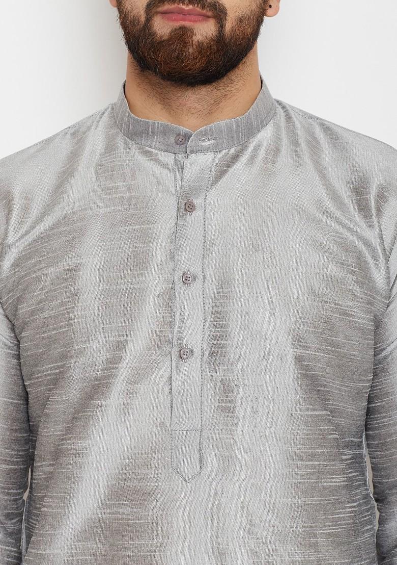 Grey Solid Poly Blend Kurta Set For Men