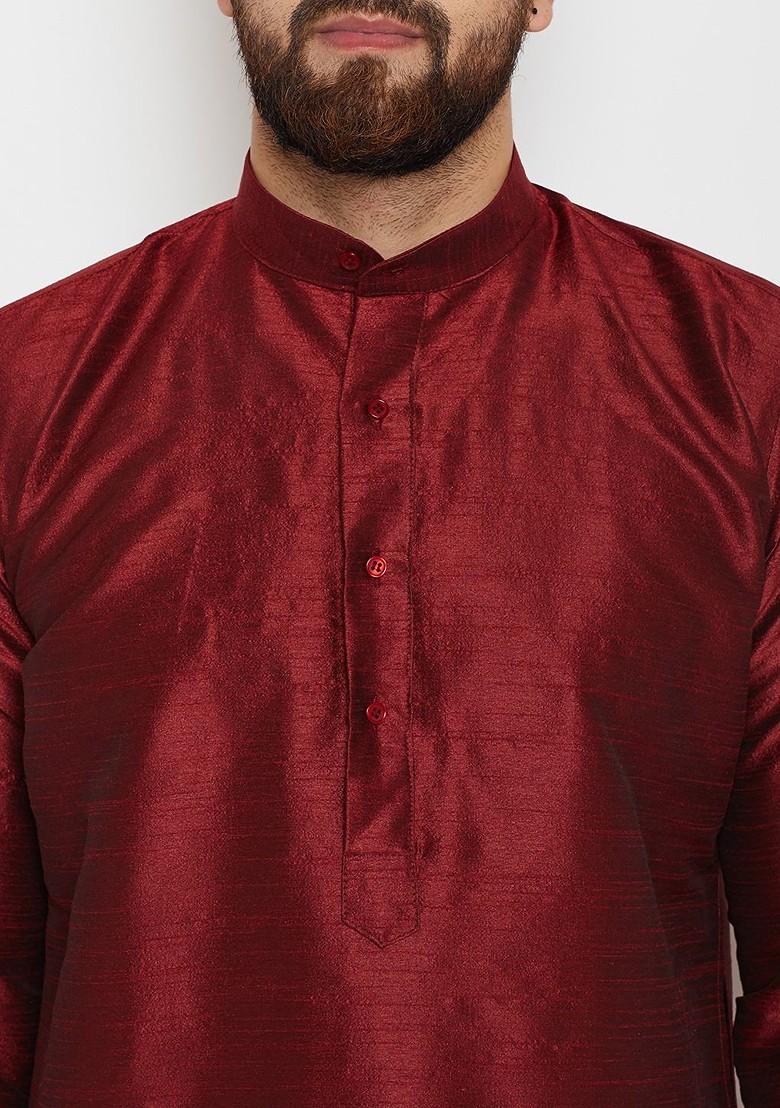 Maroon Solid Poly Blend Kurta Set For Men