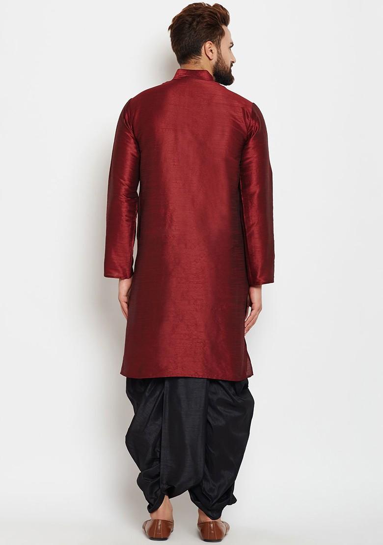 Maroon Solid Poly Blend Kurta Set For Men