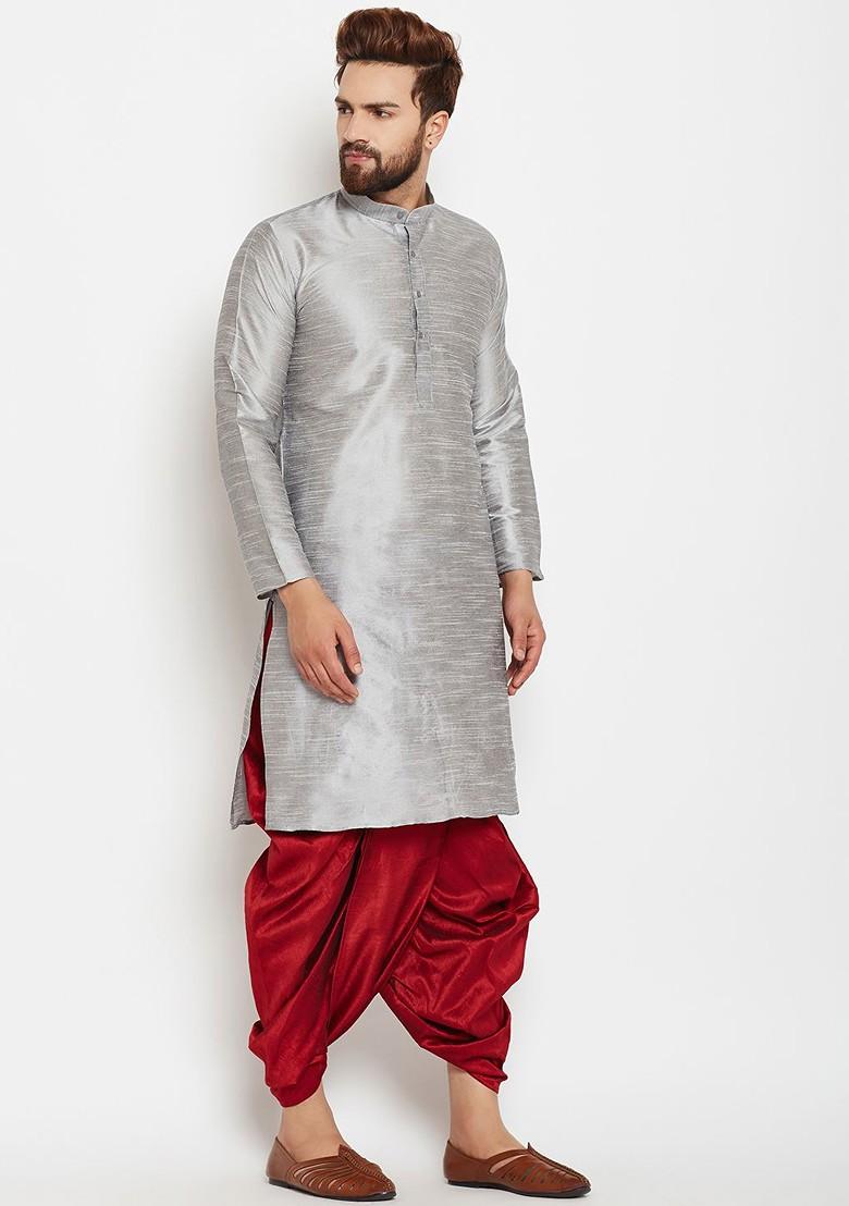 Grey Solid Poly Blend Kurta Set For Men