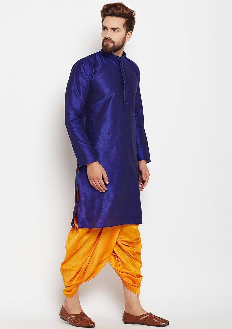 Blue Solid Poly Blend Kurta Set For Men