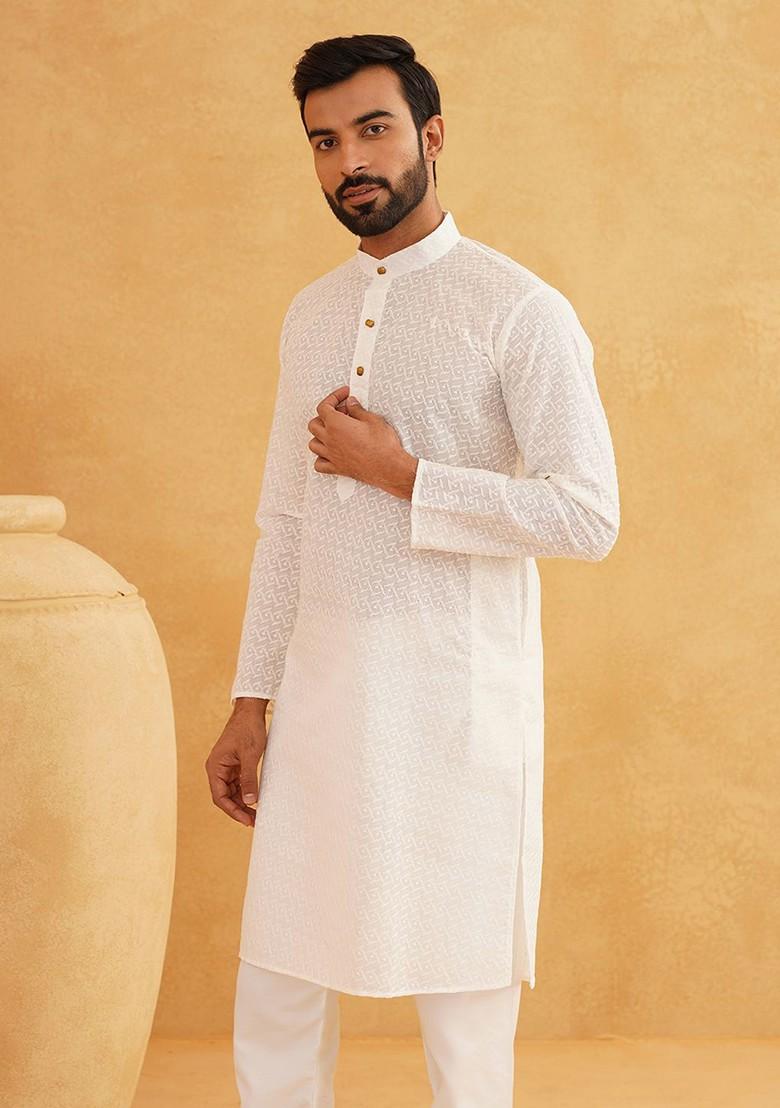 Cream Solid Poly Blend Kurta Set For Men