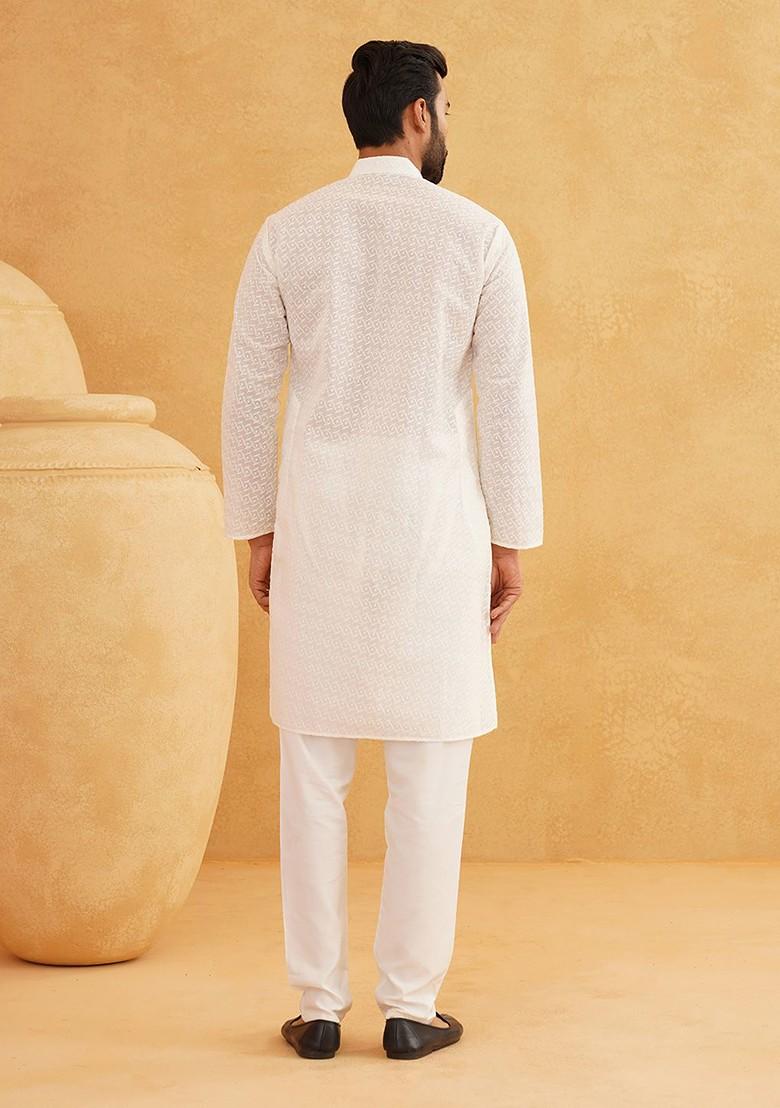 Cream Solid Poly Blend Kurta Set For Men