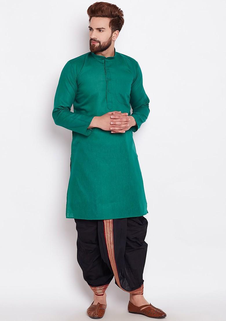 Green Solid Poly Blend Kurta Set For Men