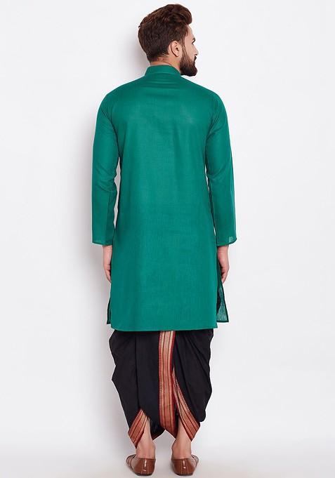 Green Solid Poly Blend Kurta Set For Men