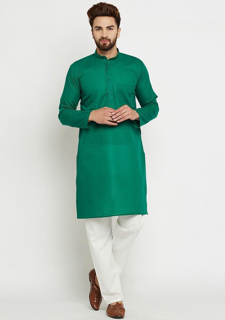 Green Solid Poly Blend Kurta Set For Men