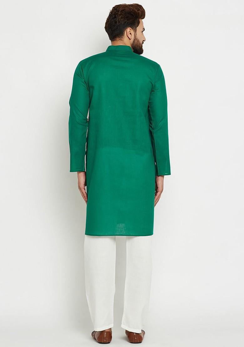 Green Solid Poly Blend Kurta Set For Men
