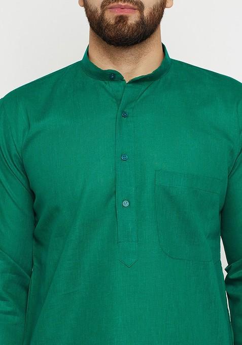 Green Solid Poly Blend Kurta Set For Men