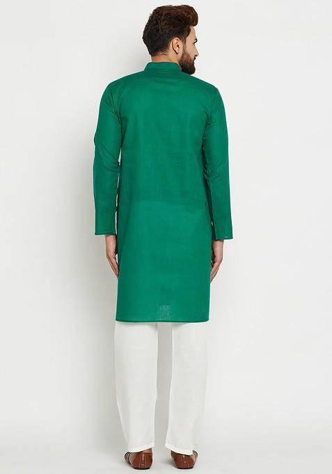 Green Solid Poly Blend Kurta Set For Men