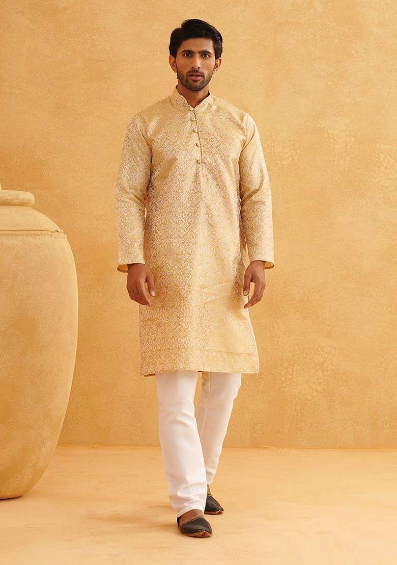 Beige Solid Poly Blend Kurta Set For Men - Indya