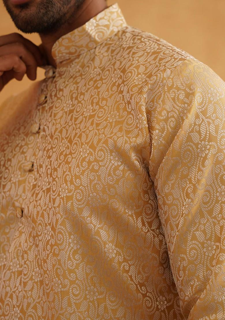 Beige Solid Poly Blend Kurta Set For Men