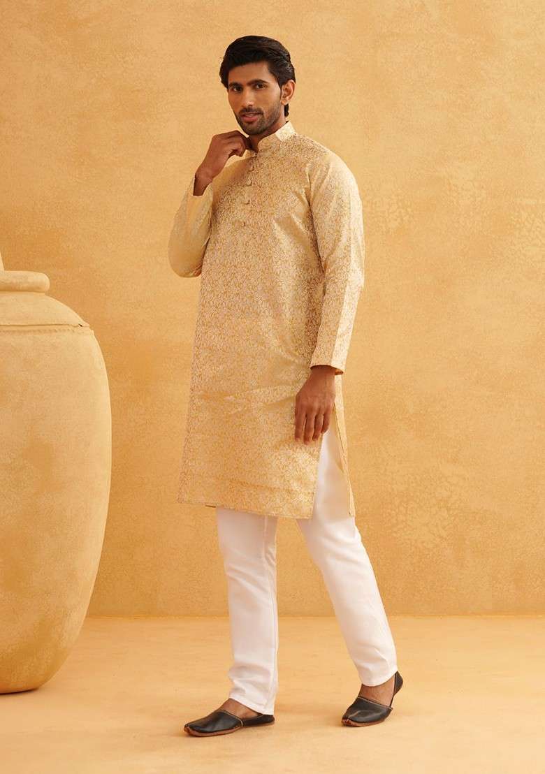 Beige Solid Poly Blend Kurta Set For Men - Indya
