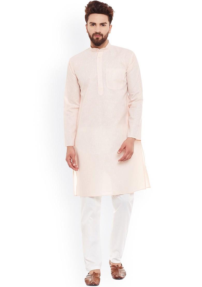 Peach Solid Poly Blend Kurta Set For Men