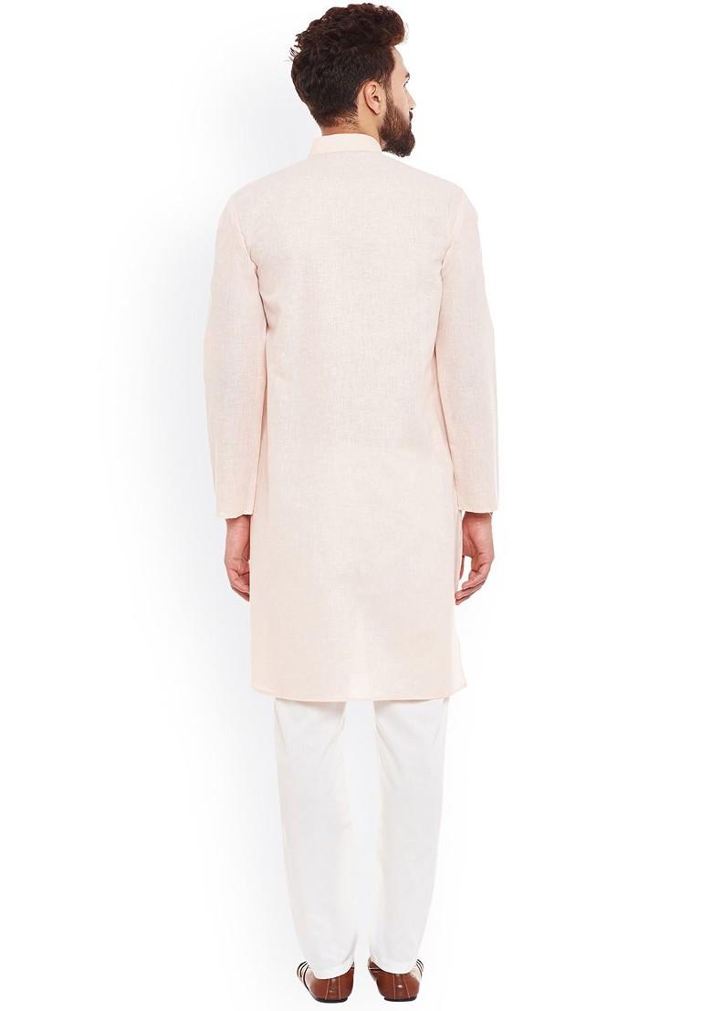 Peach Solid Poly Blend Kurta Set For Men