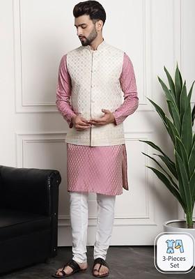 Pink Ethnic Motifs Cotton Kurta Set For Men