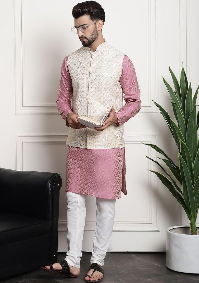 Pink Ethnic Motifs Cotton Kurta Set For Men