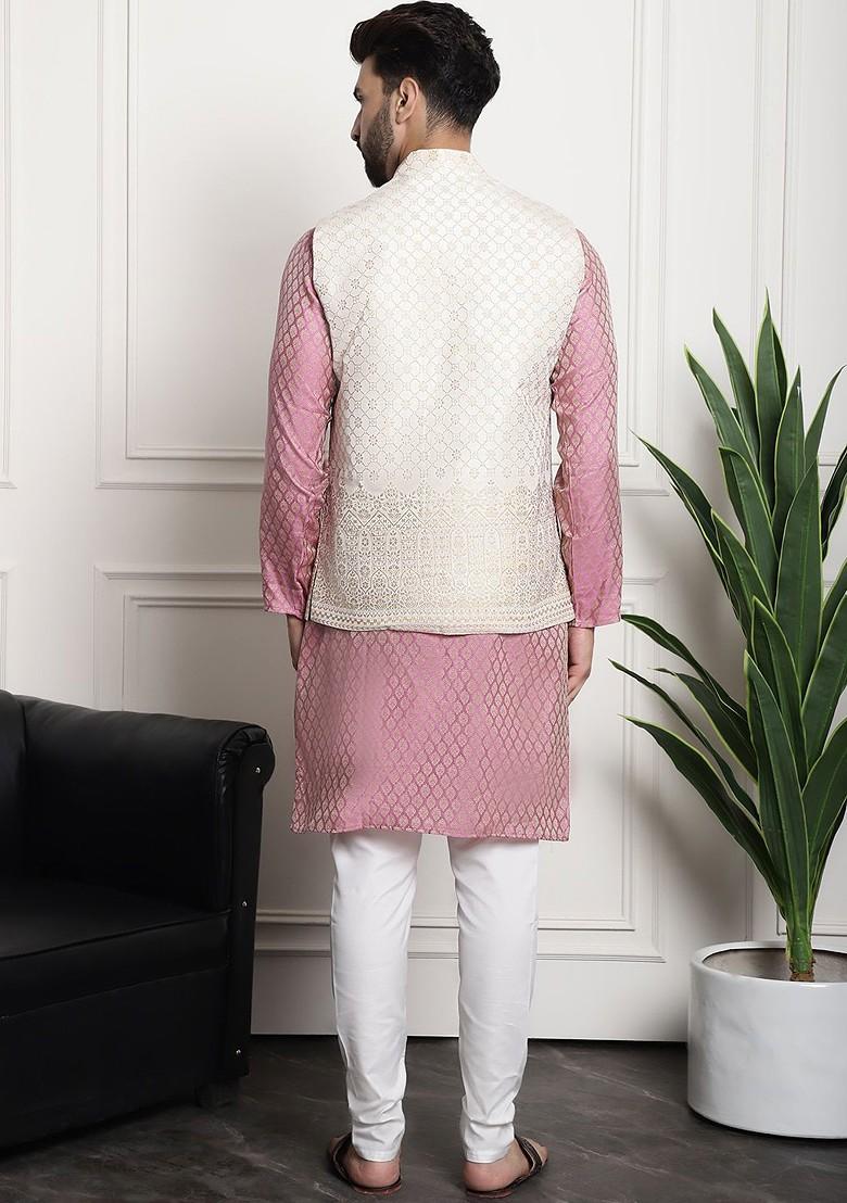 Pink Ethnic Motifs Cotton Kurta Set For Men