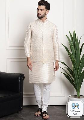 Cream Woven Poly Blend Kurta Set For Men