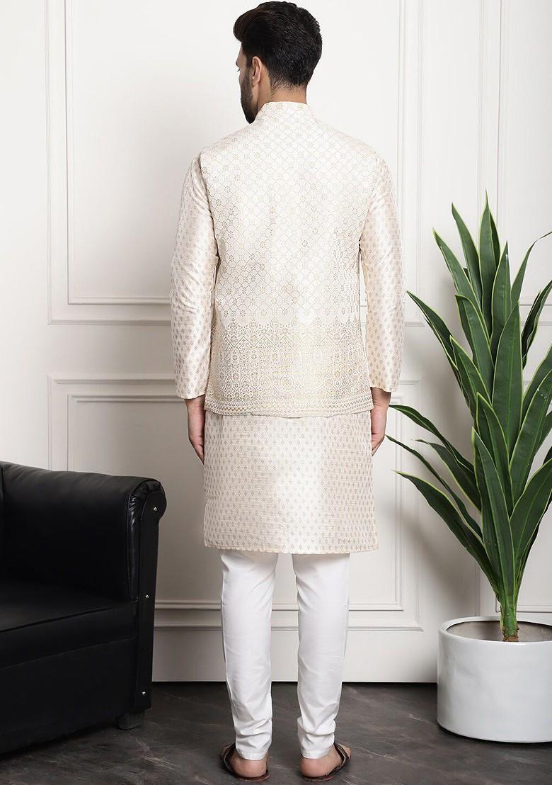 Cream Woven Poly Blend Kurta Set For Men