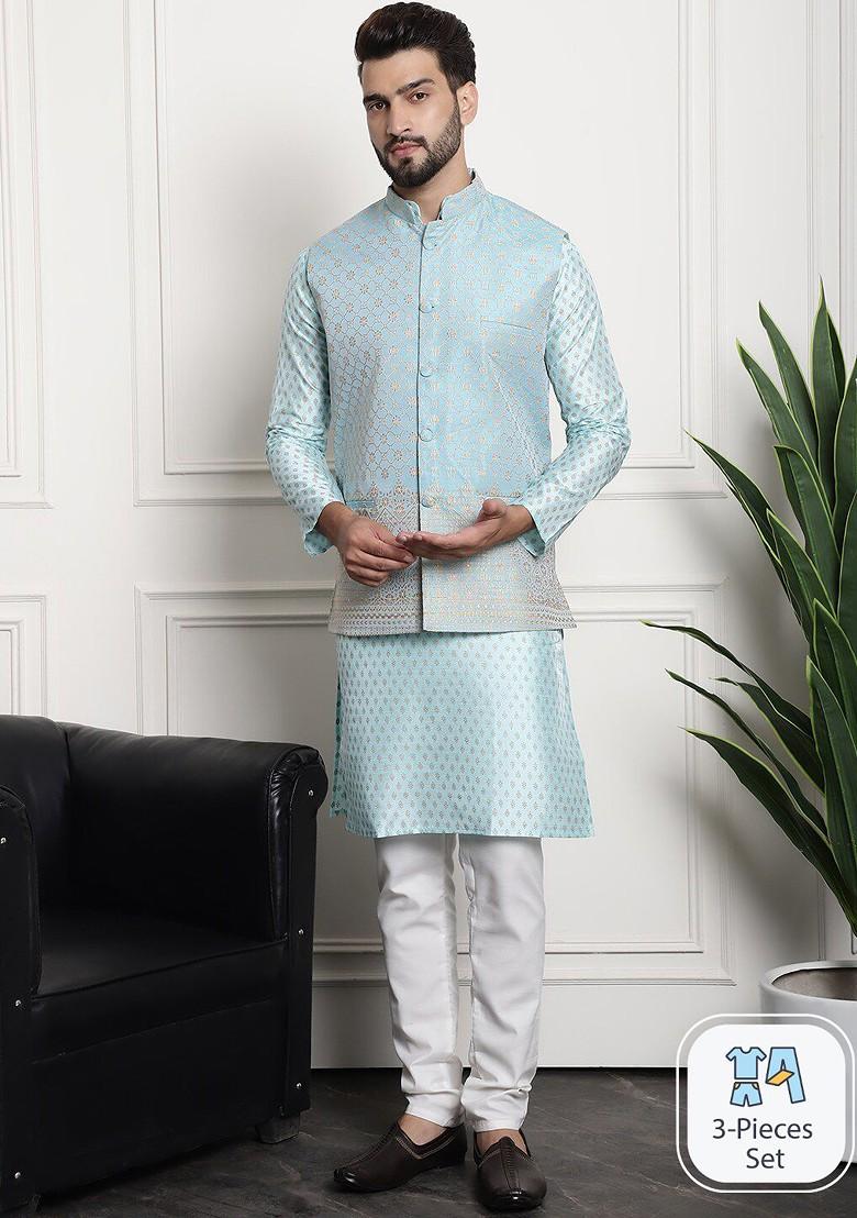 Blue Ethnic Motifs Poly Blend Kurta Set For Men