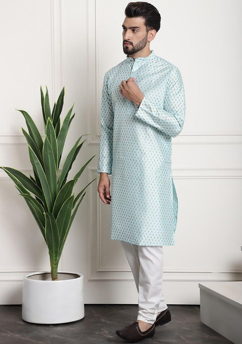 Blue Ethnic Motifs Poly Blend Kurta Set For Men