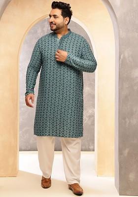 Teal Blue Embroidered Cotton Kurta Set For Men