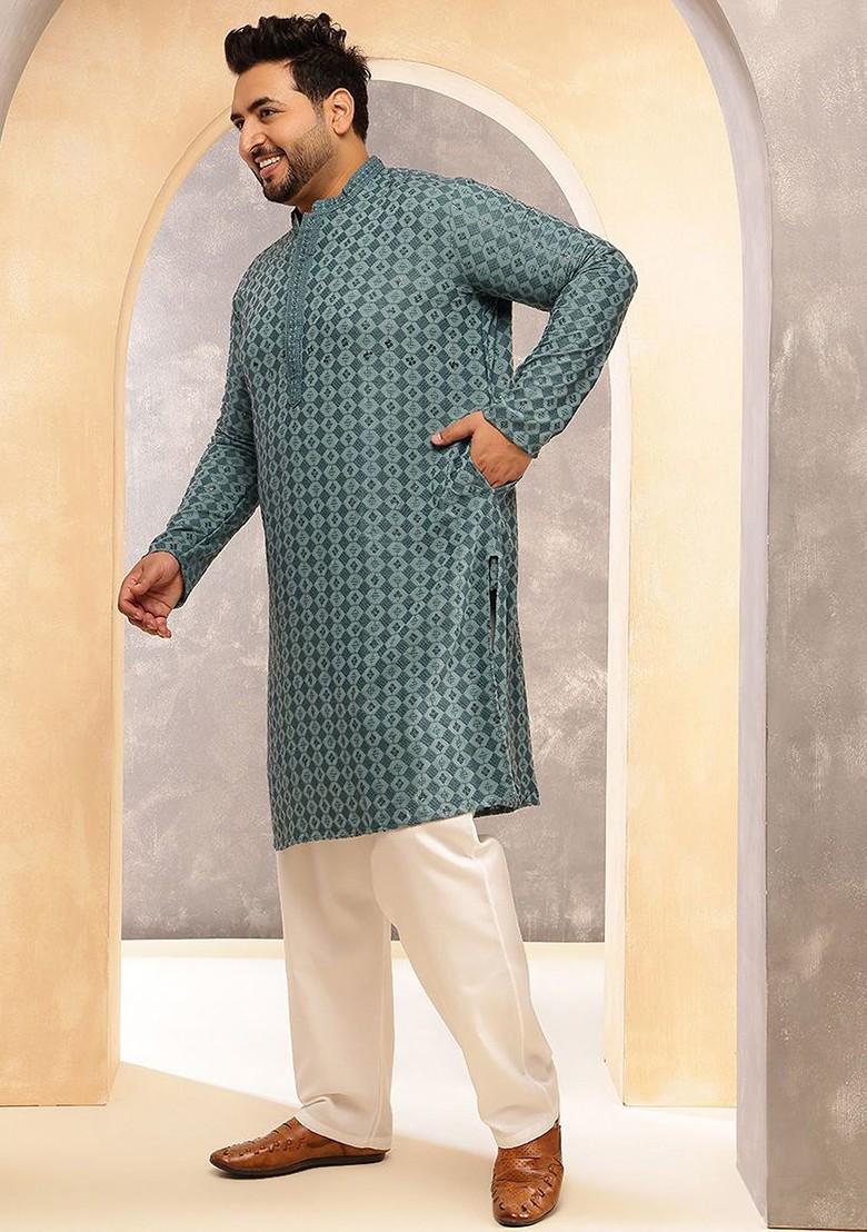 Teal Blue Embroidered Cotton Kurta Set For Men