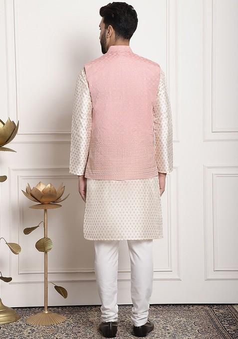 Cream Ethnic Motifs Poly Blend Kurta Set For Men