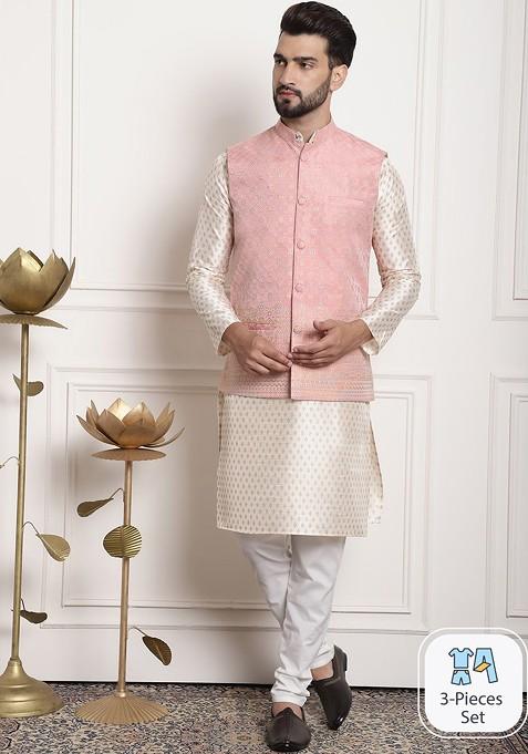 Cream Ethnic Motifs Poly Blend Kurta Set For Men